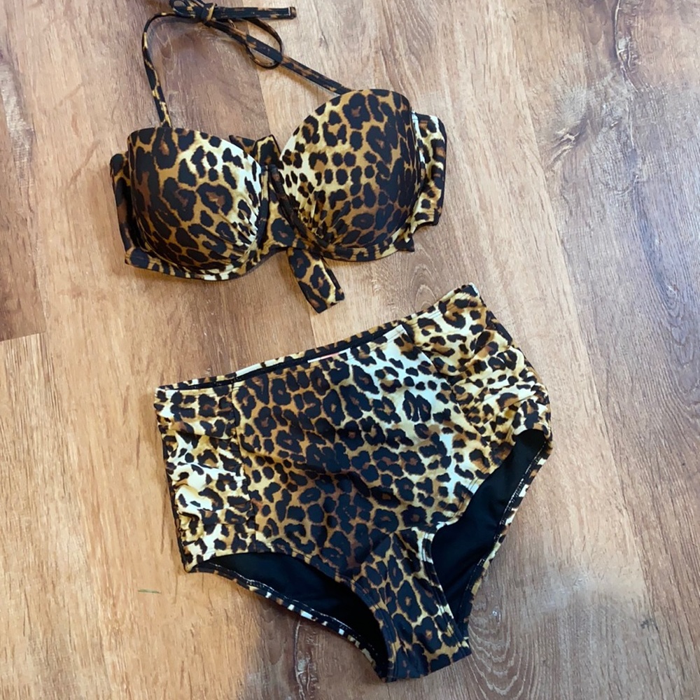 Coral Tropics Animal Leopard Print Halter High Waist Bikini Set Small